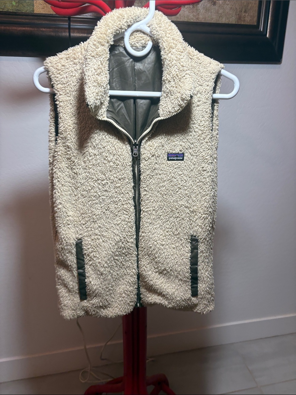 Patagonia Cream Sherpa Fleece Vest with Olive Trim, reversible too!